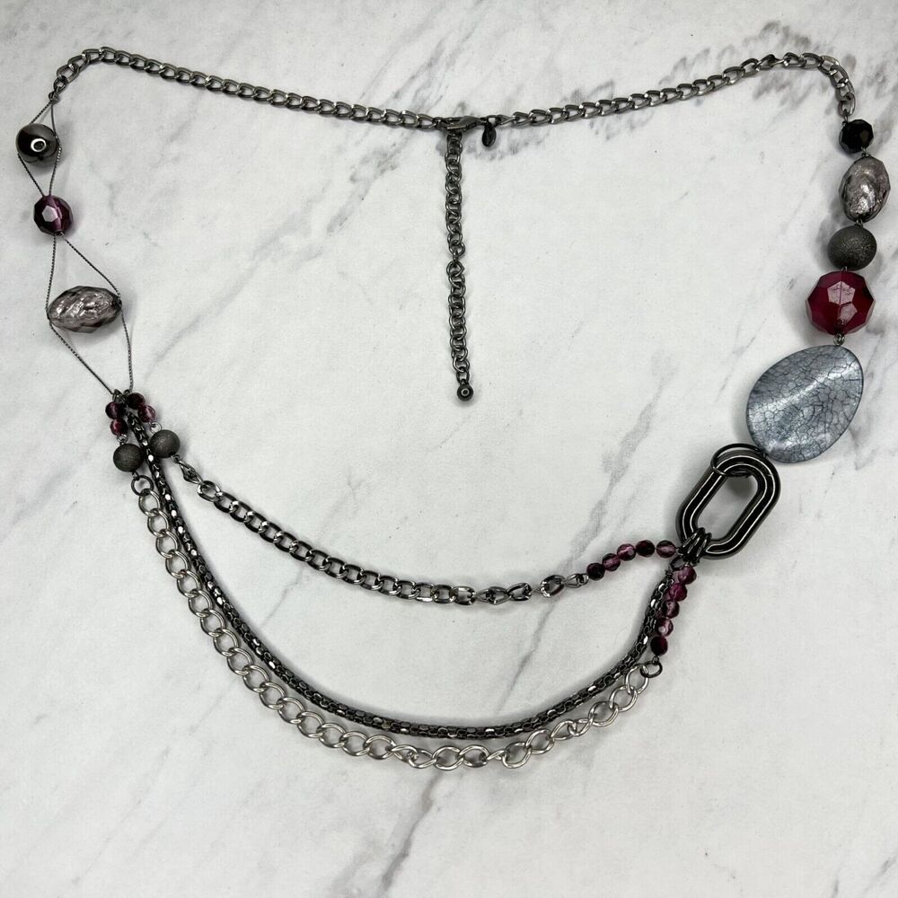 Chico's Beaded Dark Silver Tone Chain Link Statement Necklace